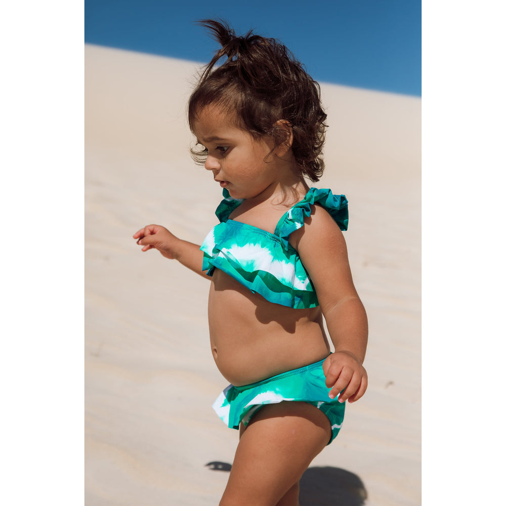 Biquíni Infantil Feminino com Babadinhos Tie Dye Verde e Branco da Lili Sampedro