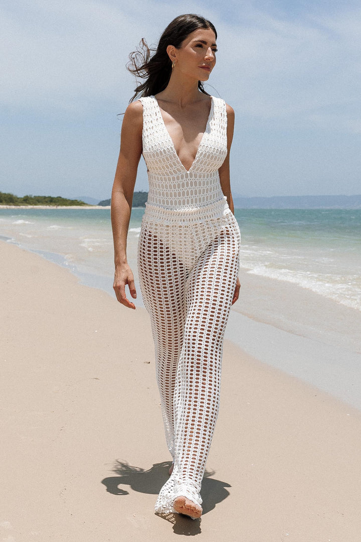 Saída de praia calca longa de renda off white com elastico na cintura da Lili Sampedro
