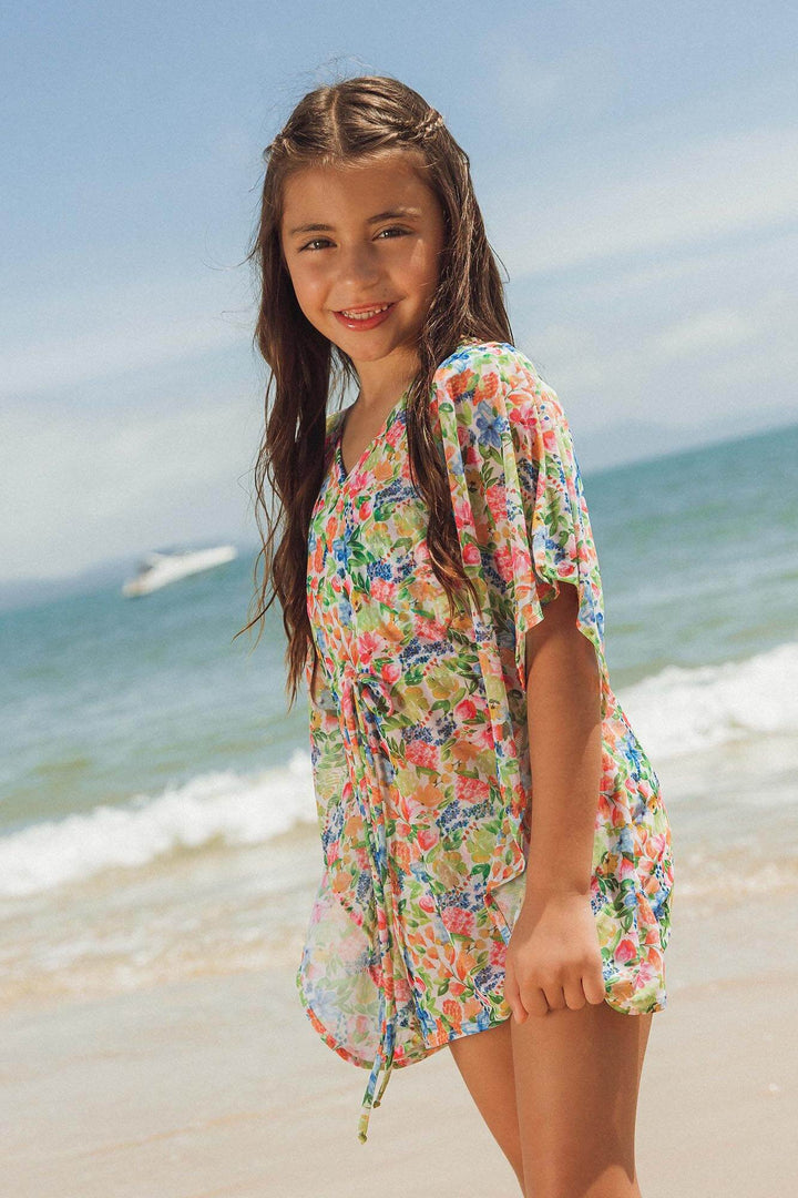 saidinha de praia para meninas, estilo kaftan soltinha, com tamanhos dos 6 meses aos 8 anos 