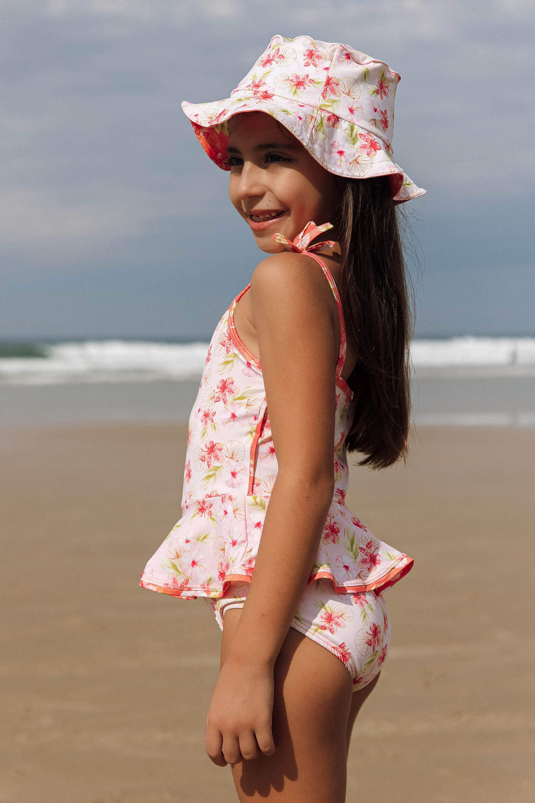 Chapéu de Praia Infantil com Proteção UV Dupla Face Hibiscos