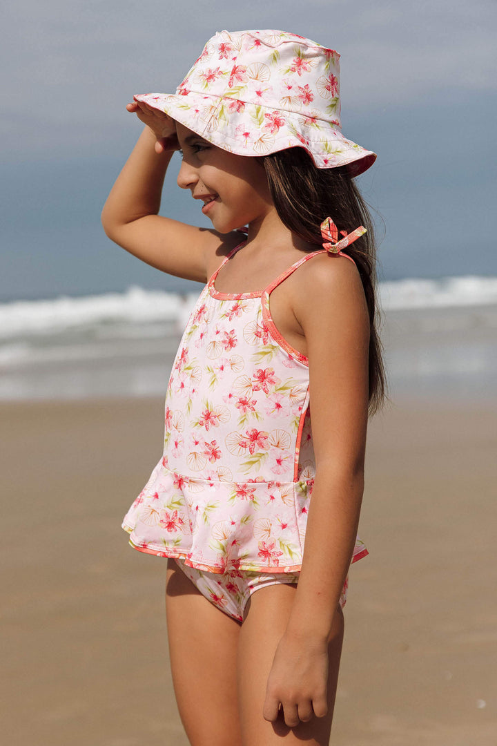 Chapéu de Praia Infantil com Proteção UV Dupla Face Hibiscos