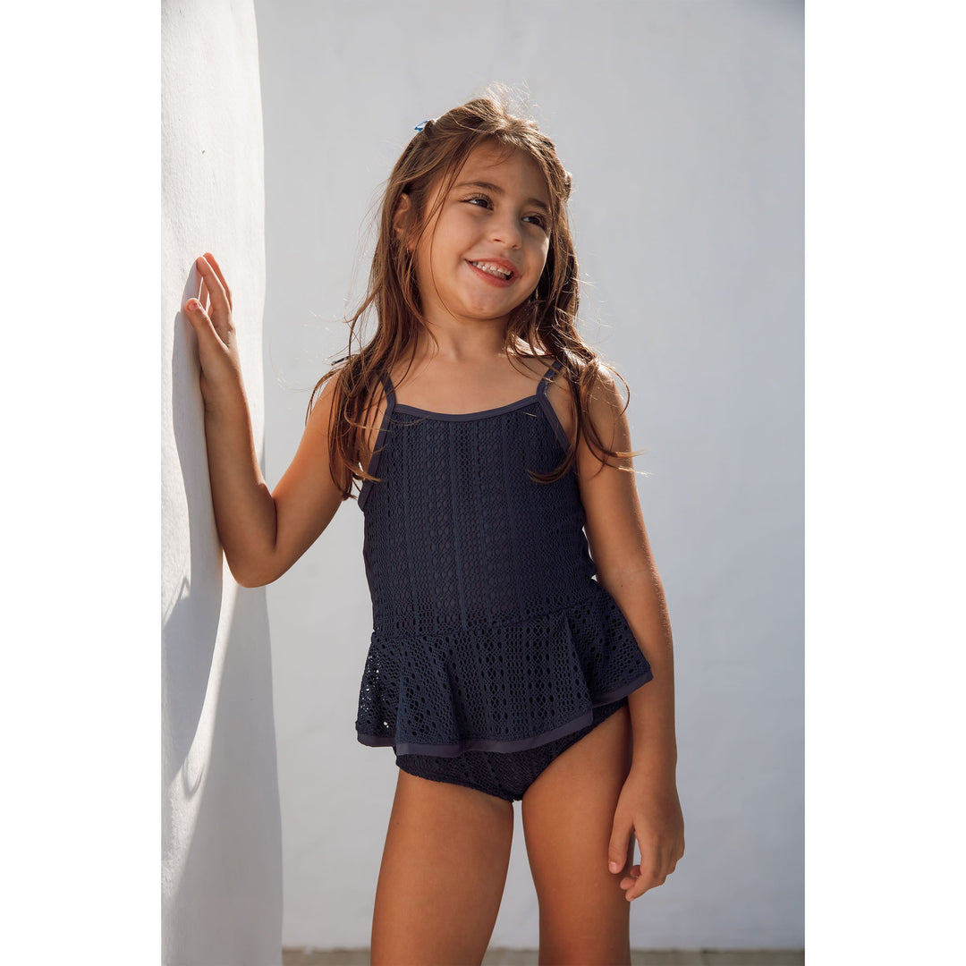 Maio Infantil para meninas de praia renda azul marinho da Lili Sampedro