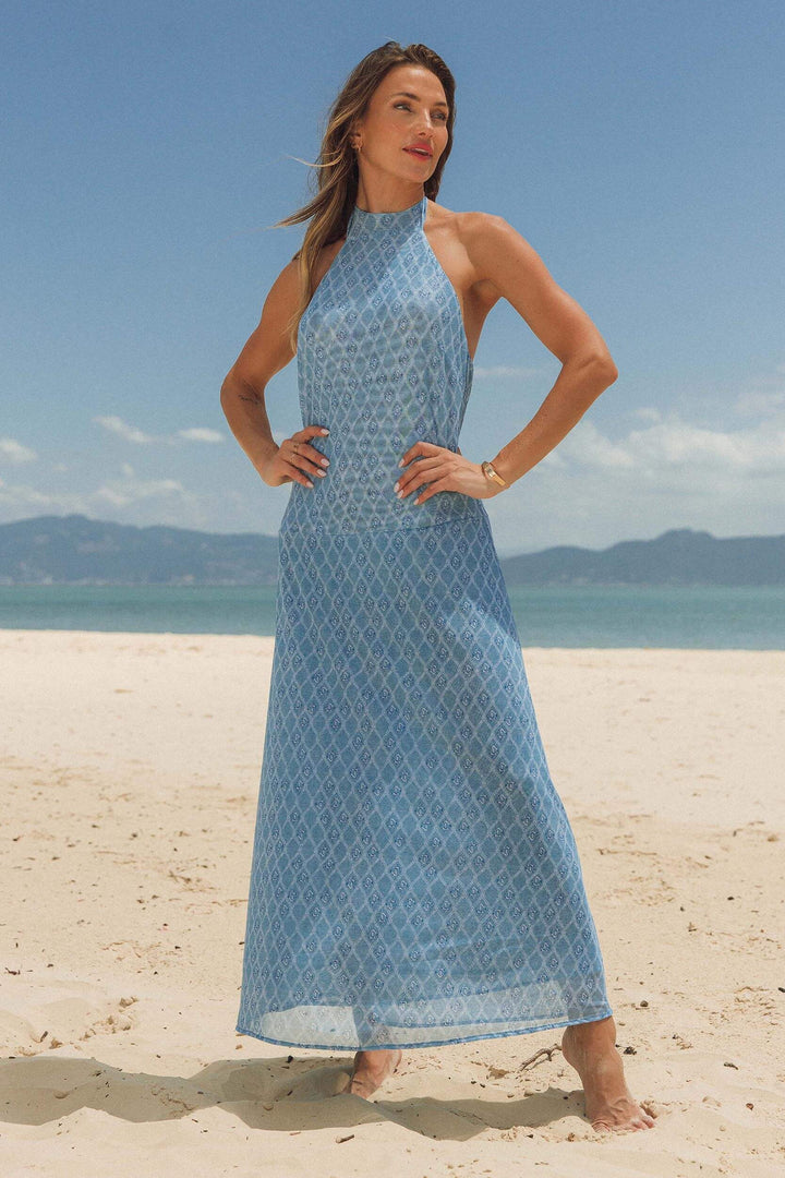 Saída de praia vestido longo de tule, na estampa âncora