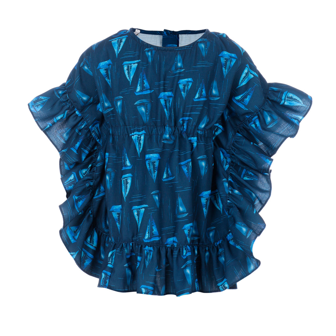 Saída de praia infantil, modelo kaftan, estampa barcos, azul marinho da collab Nautica Charada Conceito e Lili Sampedro