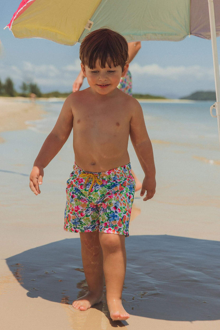 Short infantil de praia em estampa Floral com grade dos 6 meses aos 16 anos