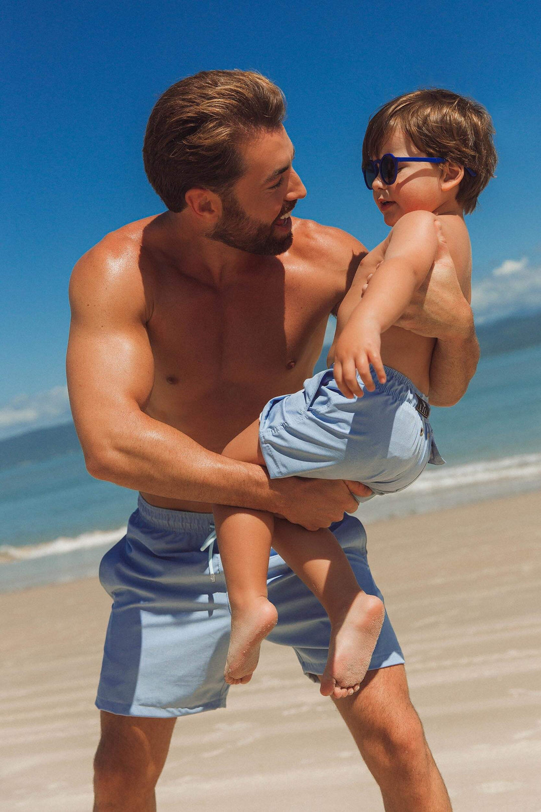 Short de praia pai e filho com estampa renda jeans 