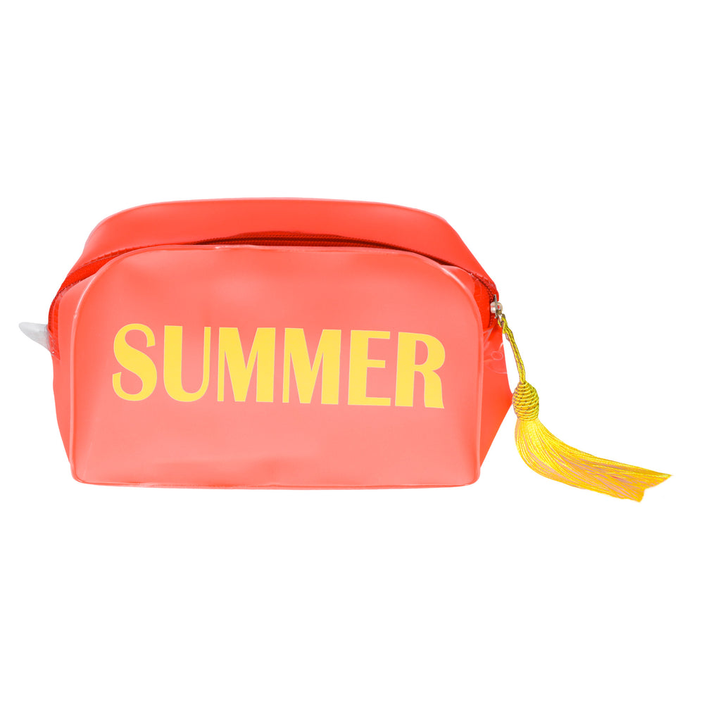 Necessaire de Silicone na Cor Coral com escrito SUMMER em Amarelo com Pompom Tassel Amarelo da Lili Sampedro Moda Praia