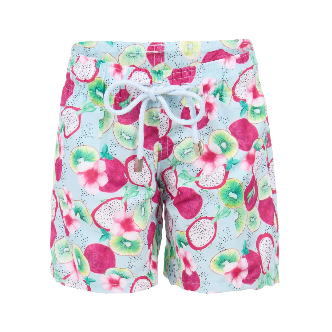 Short Infantil Masculino de Praia Bermuda na Estampa Kiwi e Pitaya da Lili Sampedro